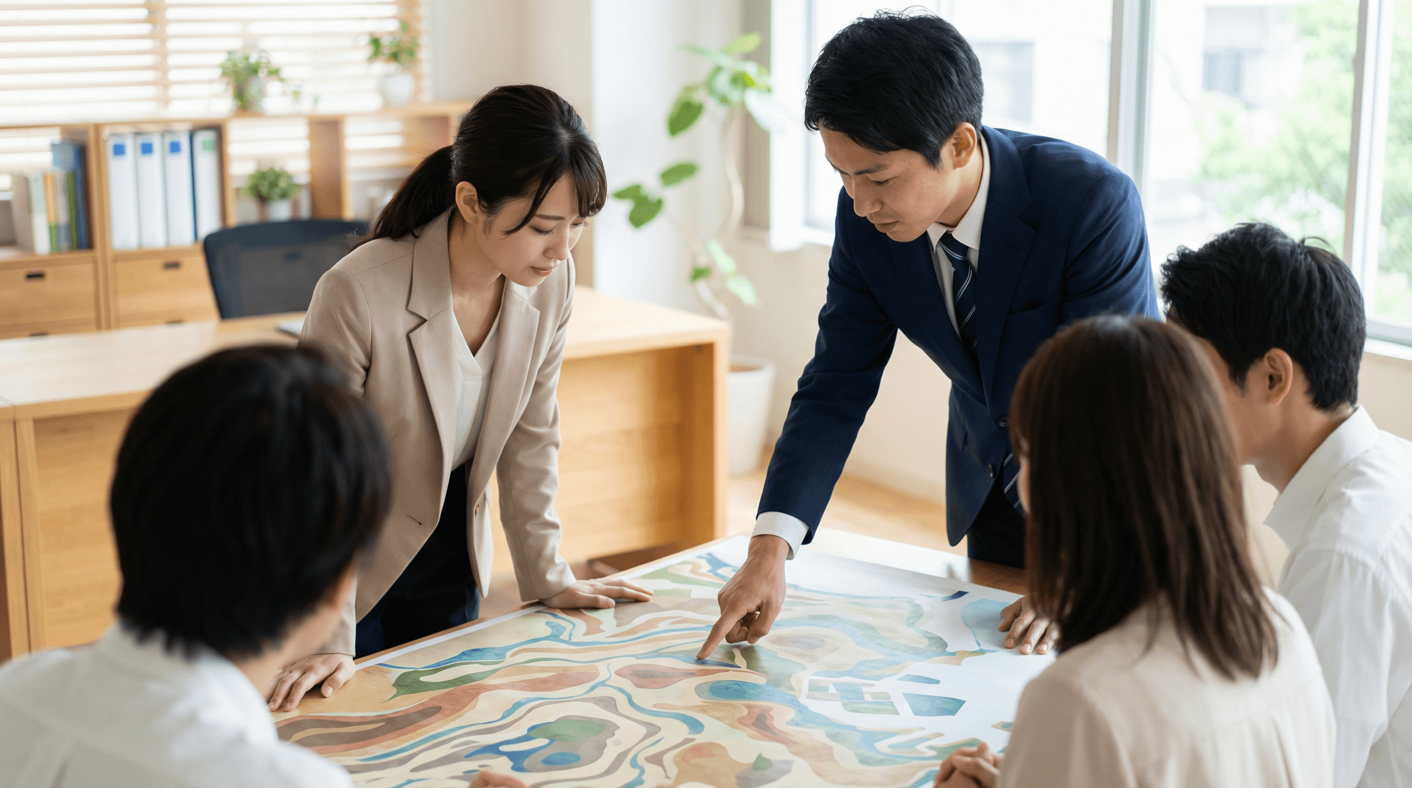 地図を指差すスタッフ